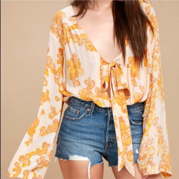 Free People Tops - Free People Forties Feels Floral Bell Sleeves Bodysuit Going Out Top Vneck